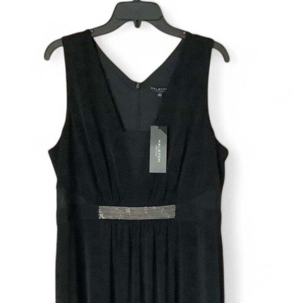 Halston Heritage Black V-Neck Prom Gown with Silver Waist Detail - Picture 4 of 13